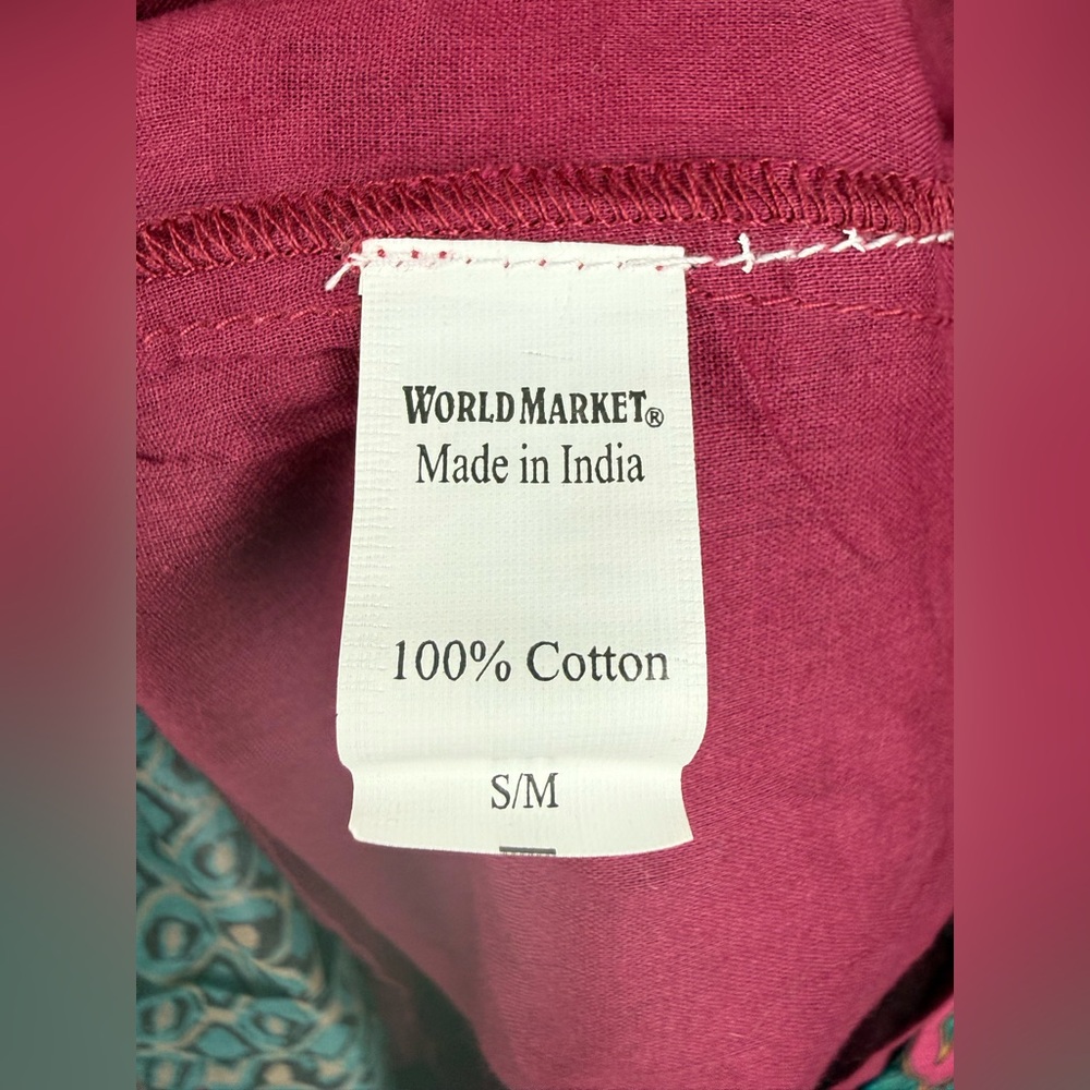 World Market Cotton Boho Patchwork Dress S/M Pink Teal India Short Sleeve Mini - Picture 5 of 5